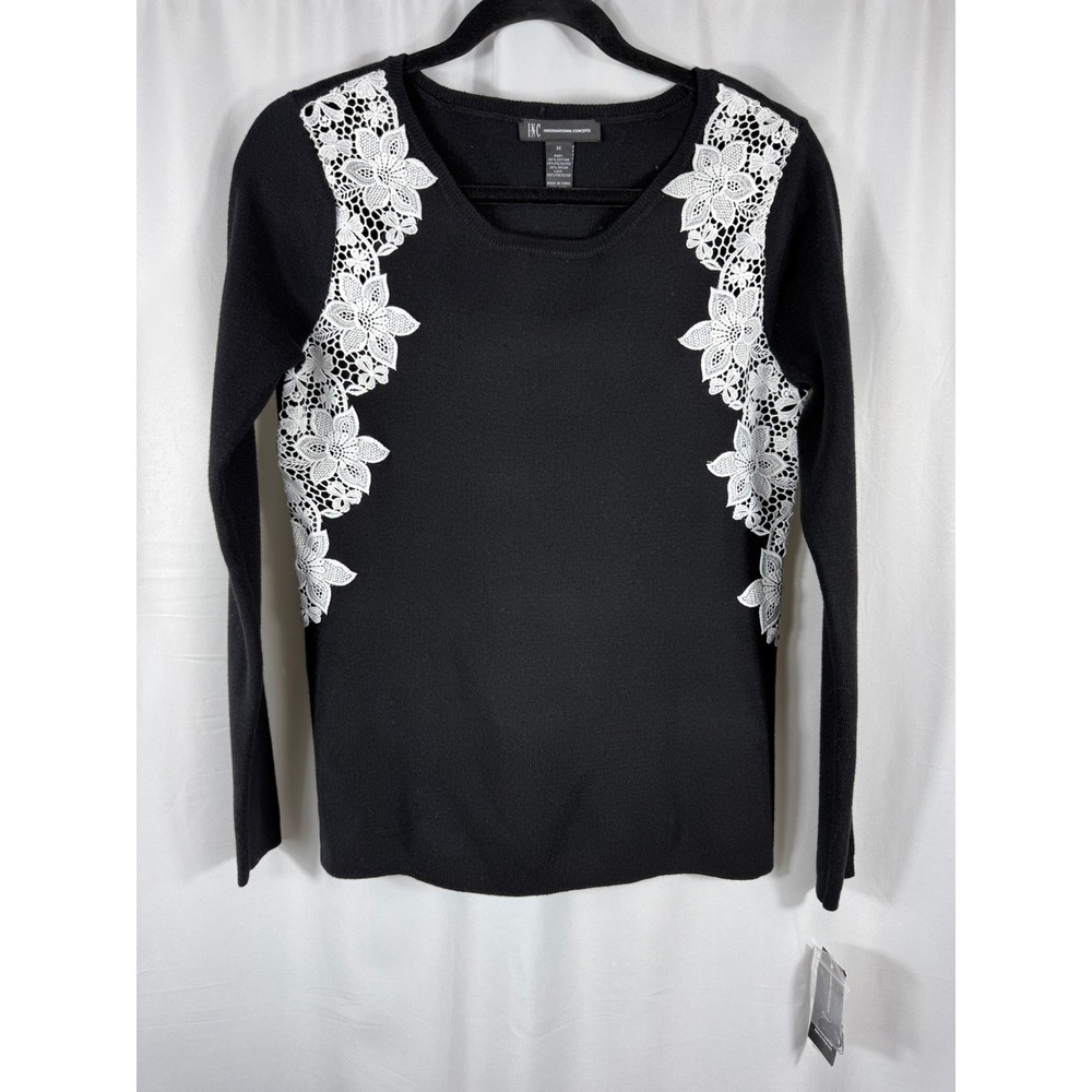 INC Floral Lace Scoop Neck Sweater Black Medium NWT‎
